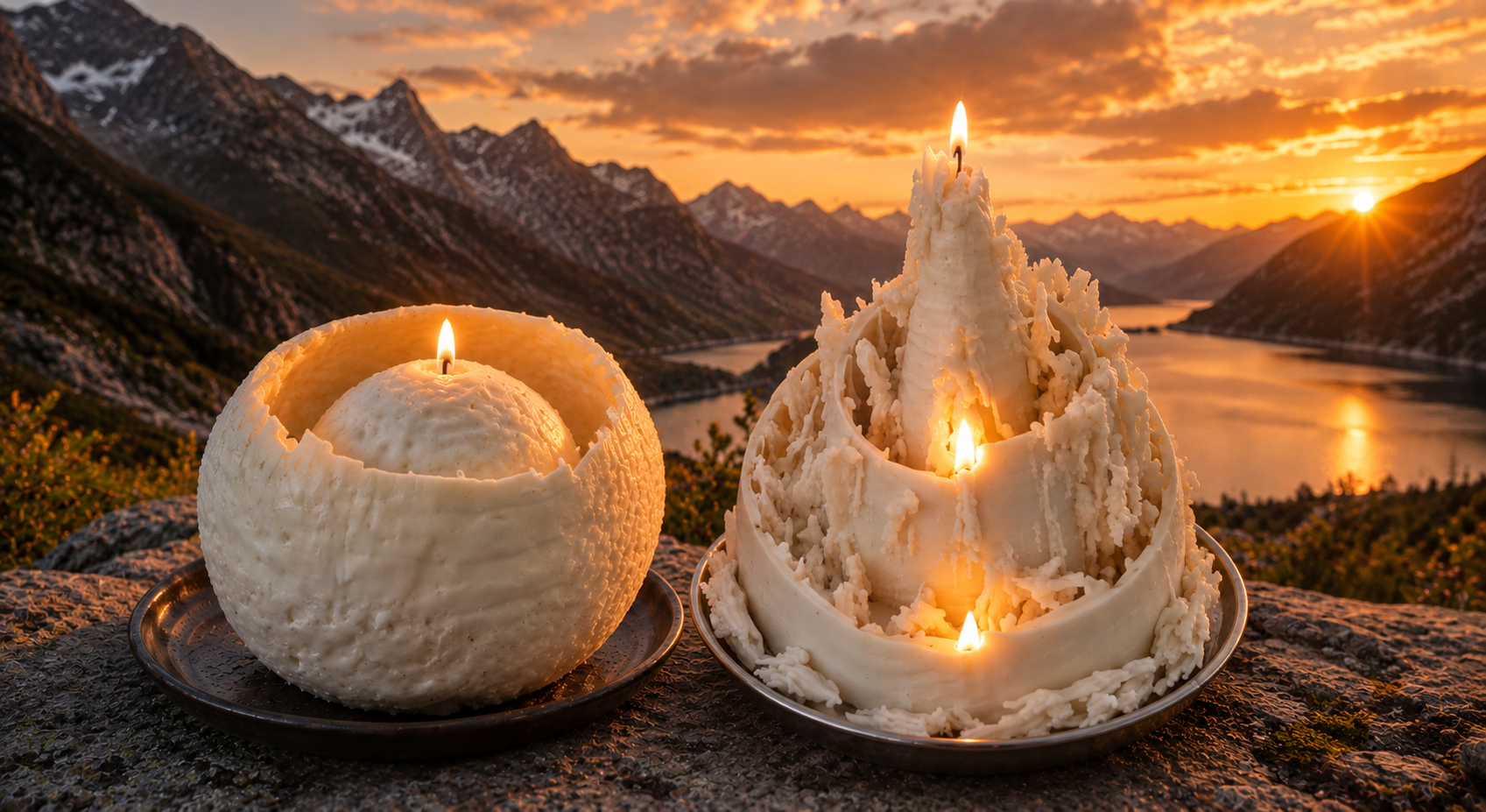 Sculptures lumineuses ORIGINE et CIME MÉORAH en combustion dans un paysage de montagne au coucher du soleil.