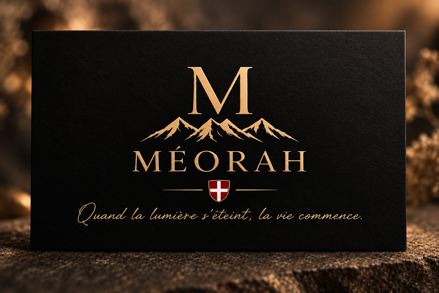 Logo MÉORAH sur fond noir avec la signature Quand la lumière s’éteint, la vie commence.